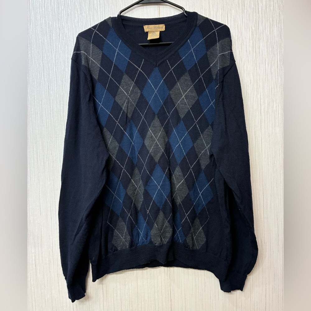 Mario Gilberti VNeck Argyle Sweater Preppy Academia 100%Extra Fine Merino wool L